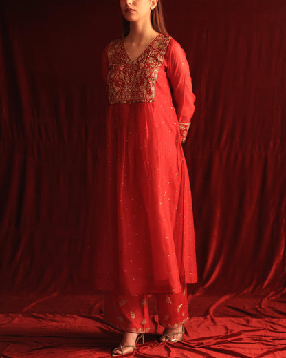 Red Maheshwari Silk Awadhi Zardosi Kurta Set