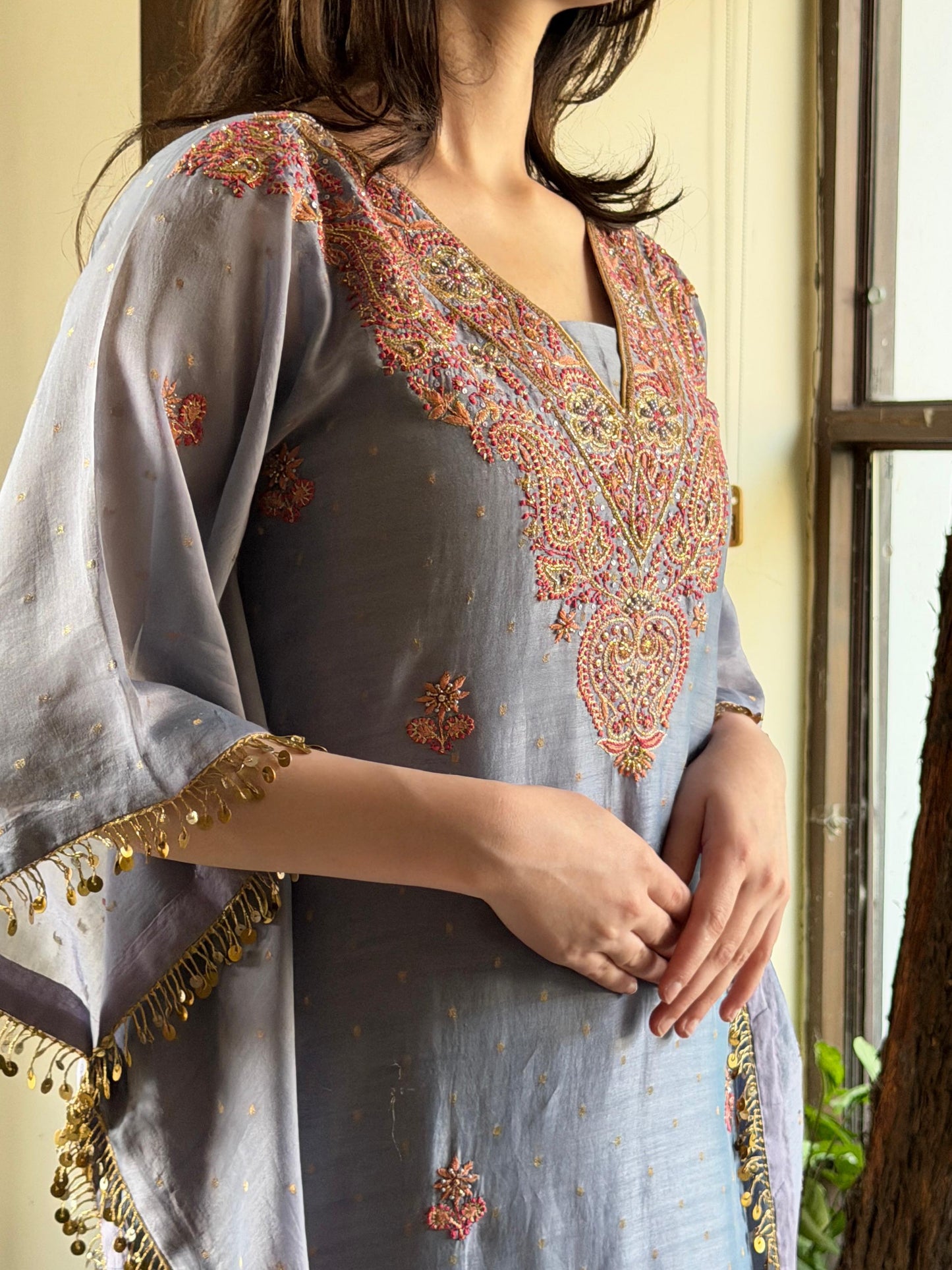Lavender Zari Chanderi Chikankari Kaftan