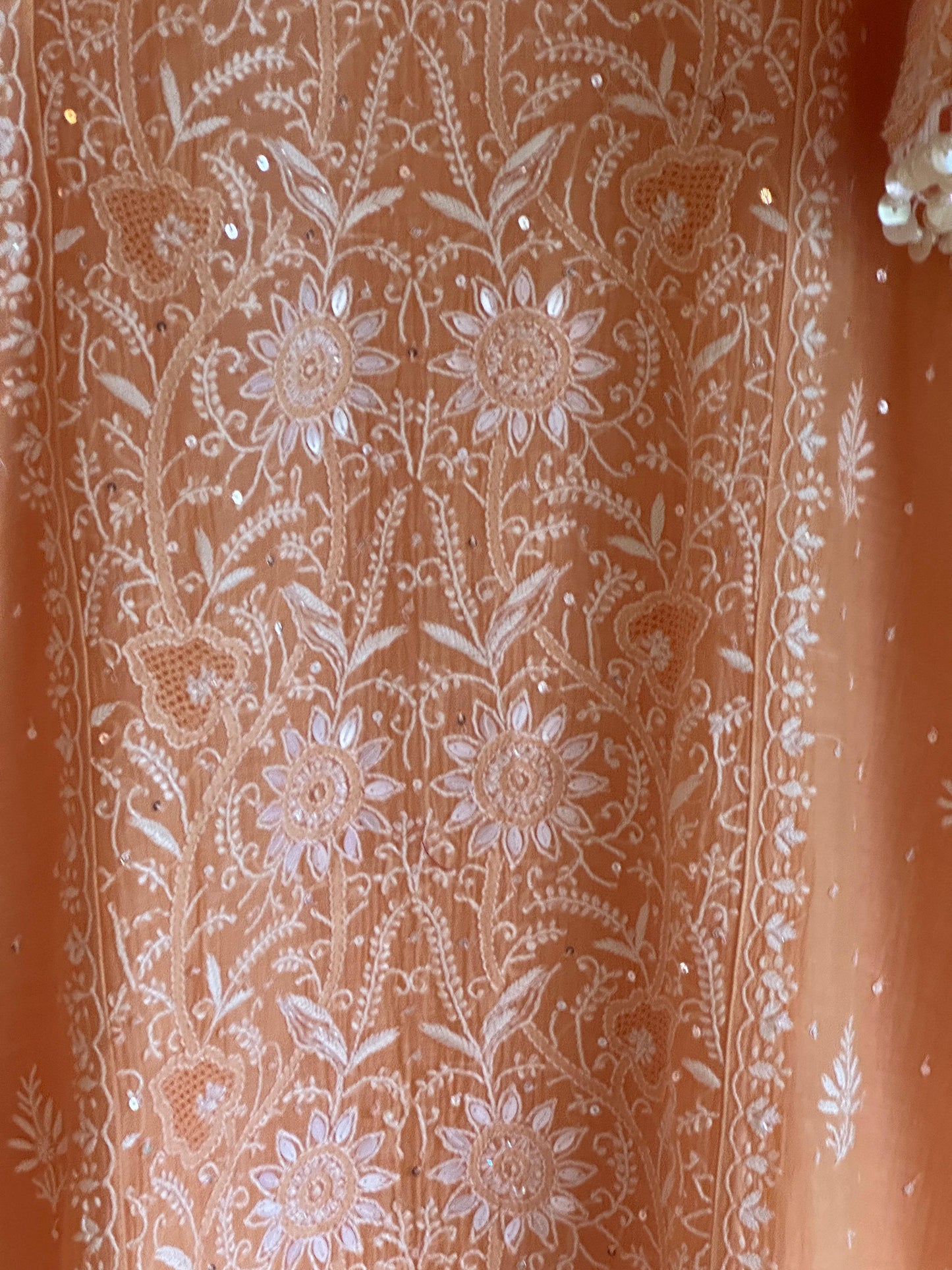 Coral Peach Shade Malmal Pearl White Chikankari Ready to Wear Kurta Set