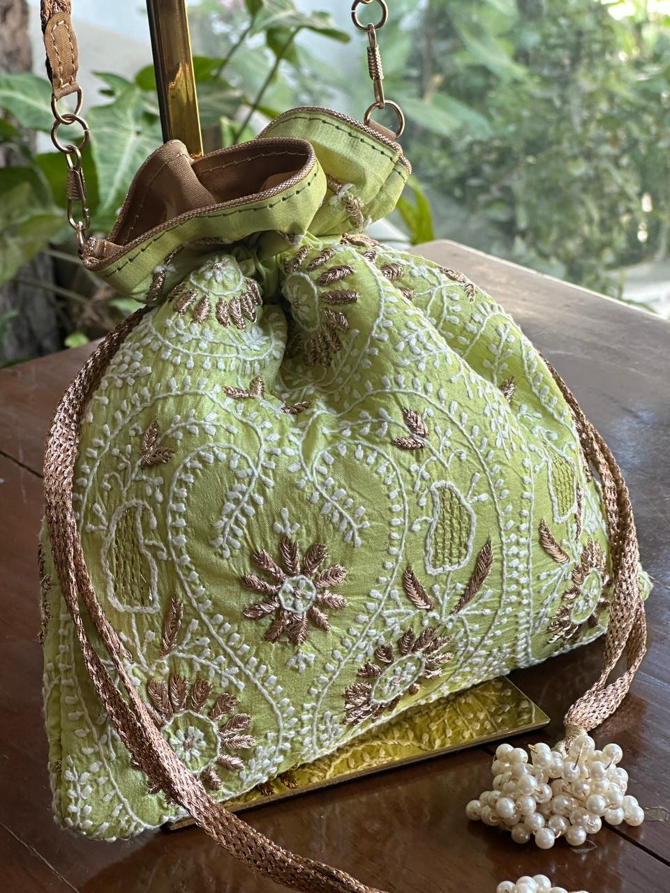 Mehndi Green Raw Silk Zardosi Polti Bags