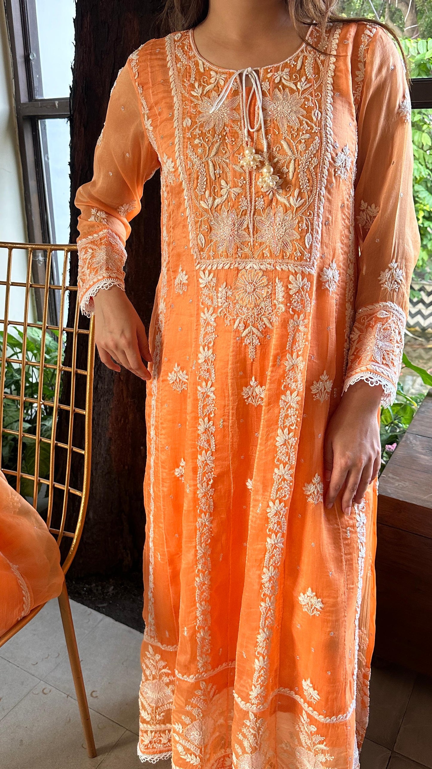 Orange Noor Organza Chikankari Anarkali Kurta With Dupatta