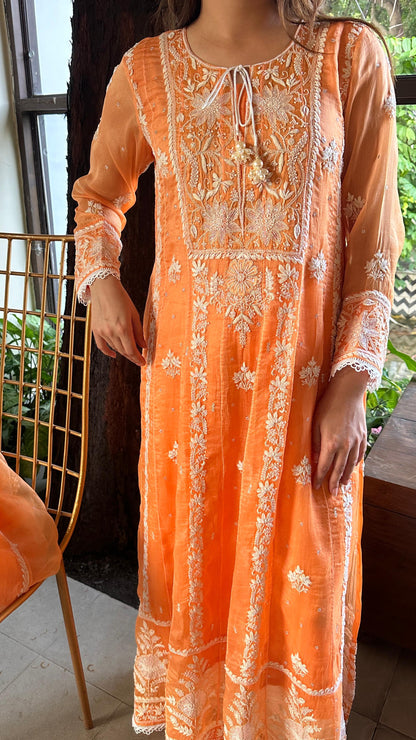 Orange Noor Organza Chikankari Anarkali Kurta With Dupatta