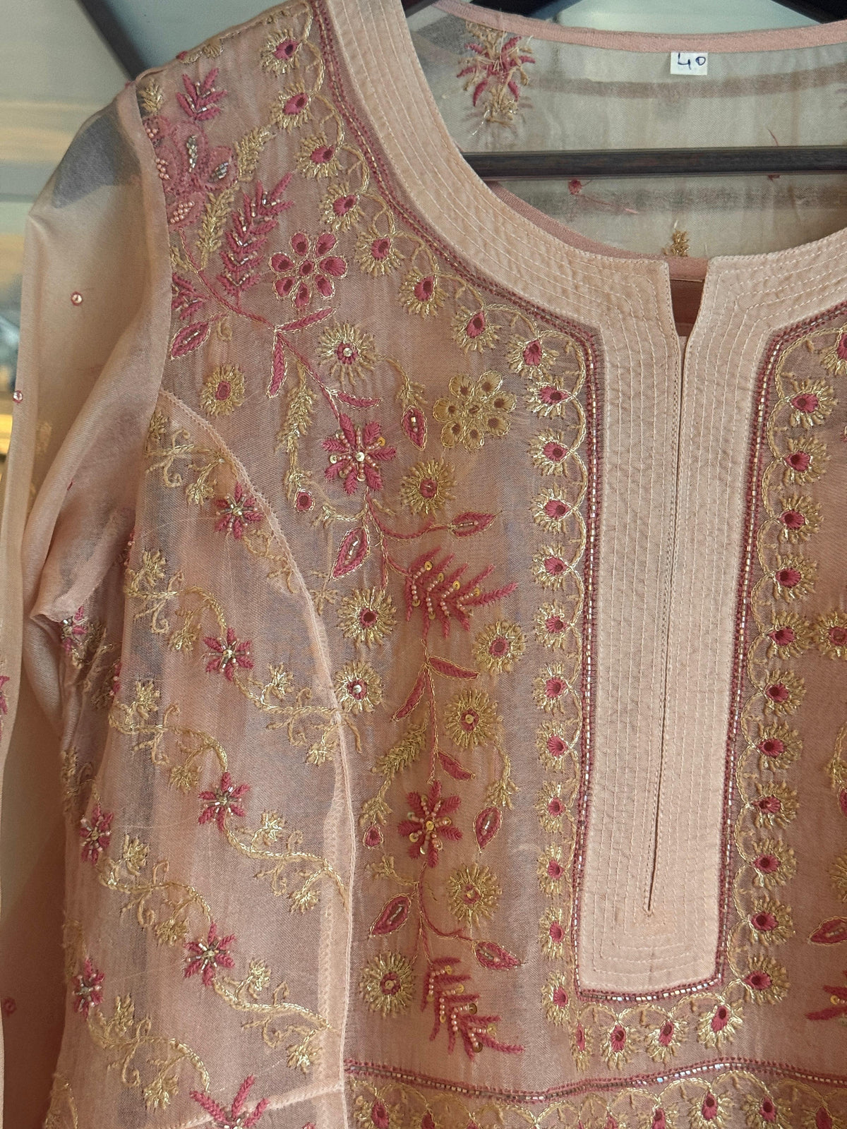 Pearl Peach Shade Noor Organza Chikankari A Line Kurta With Dupatta