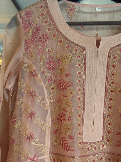 Pearl Peach Shade Noor Organza Chikankari A Line Kurta With Dupatta