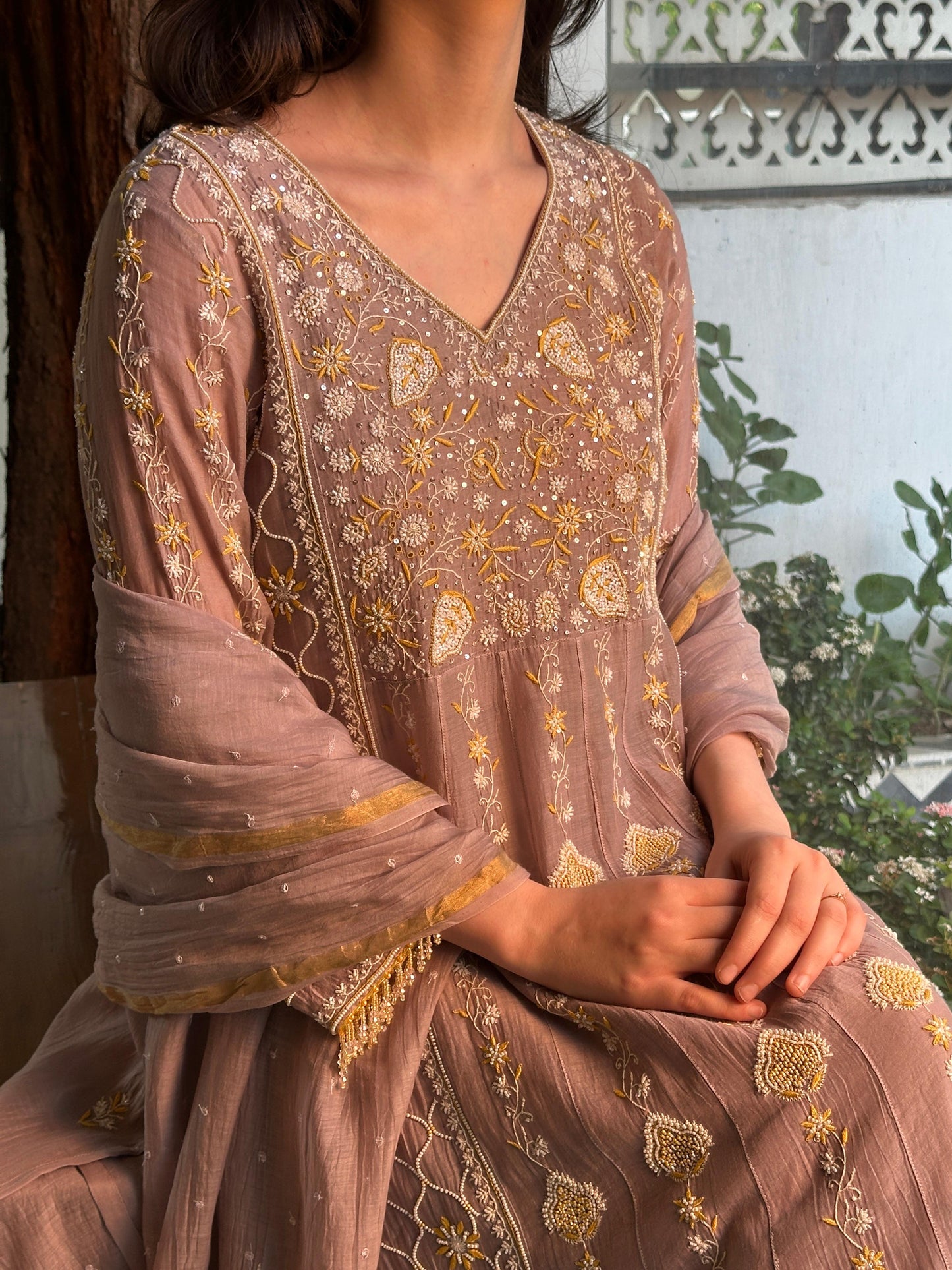 Mauve Shade Malmal Pearl Work Chikankari Kalidar Kurta Set