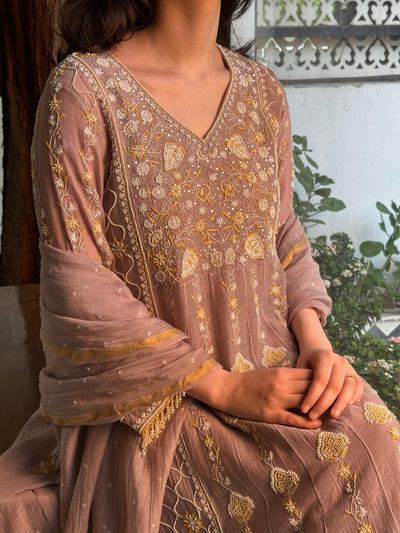 Mauve Shade Malmal Pearl Work Chikankari Kalidar Kurta Set