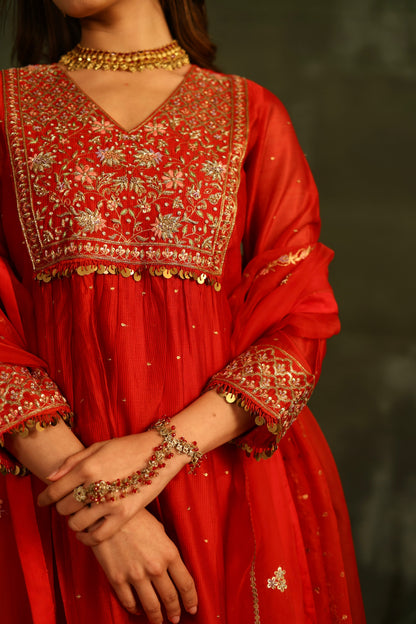 Red & Purple Maheshwari Silk Awadhi Zardosi Kurta Set