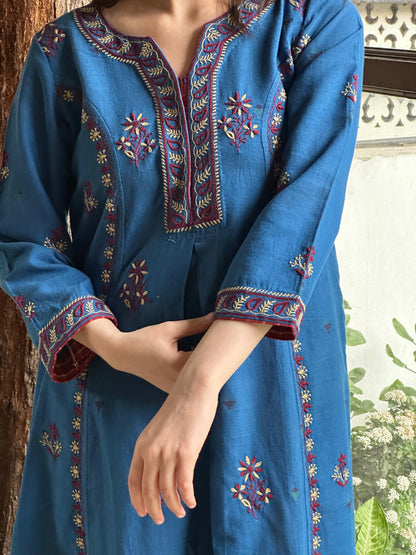 Blue & Maroon Handspun Malkha Chikankari Panel Tunic