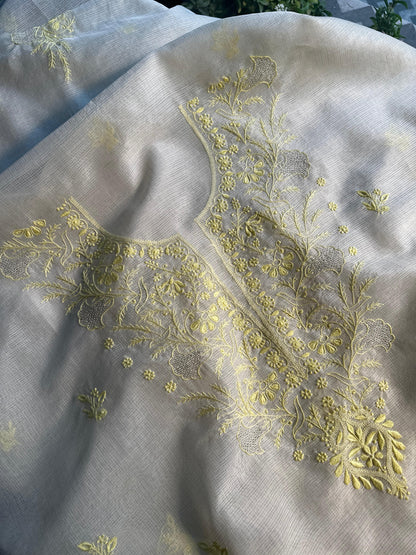 White & Lemon Kota Chikankari Unstitched Fabric