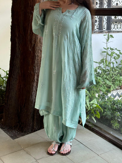 Pastel Sea Green Chiffon Kurta with Afghani Salwar – Fine Chikankari Work