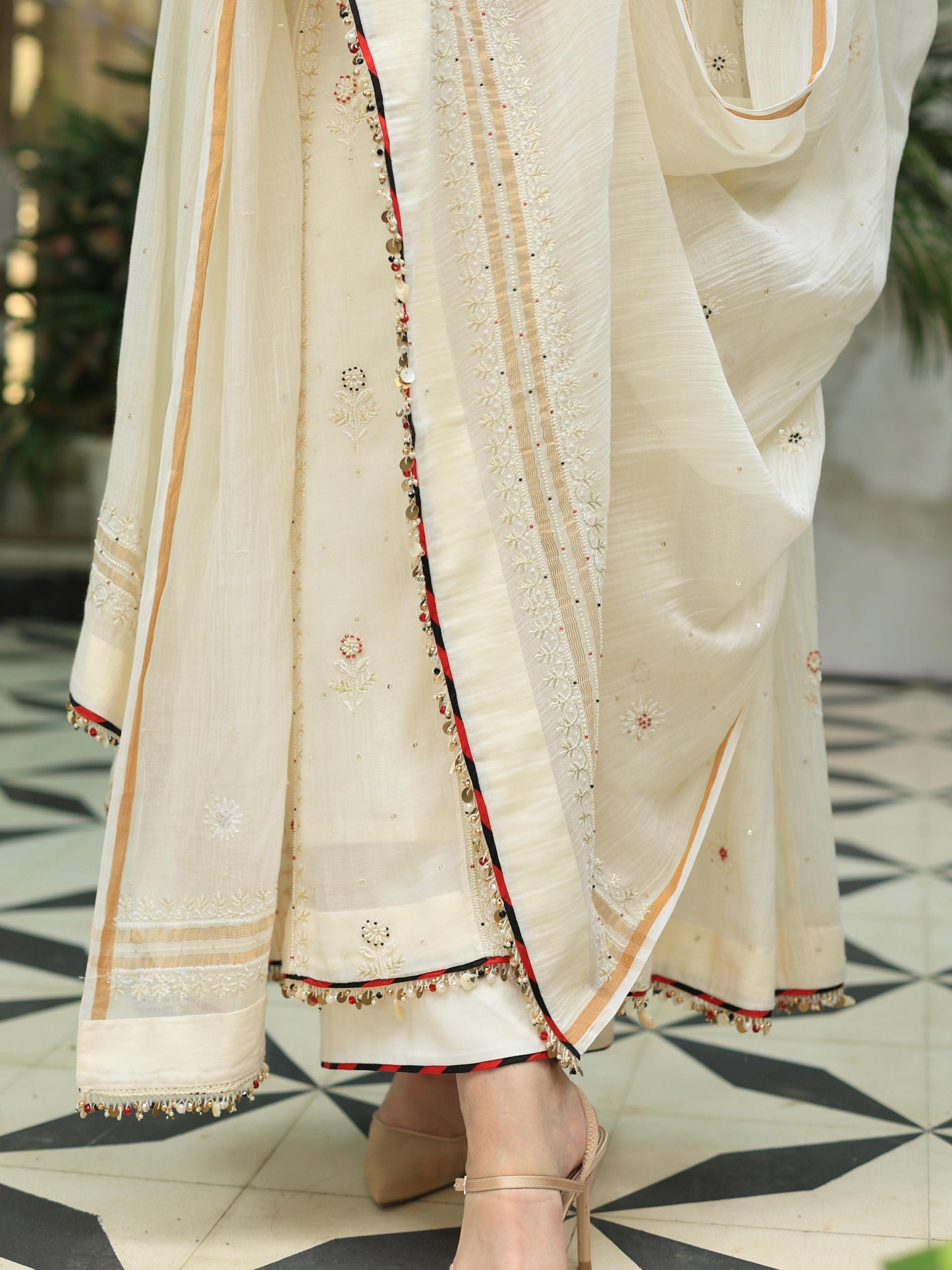 Off White Shade Malmal Pearl Work Chikankari A Line Kalidar Kurta With Dupatta