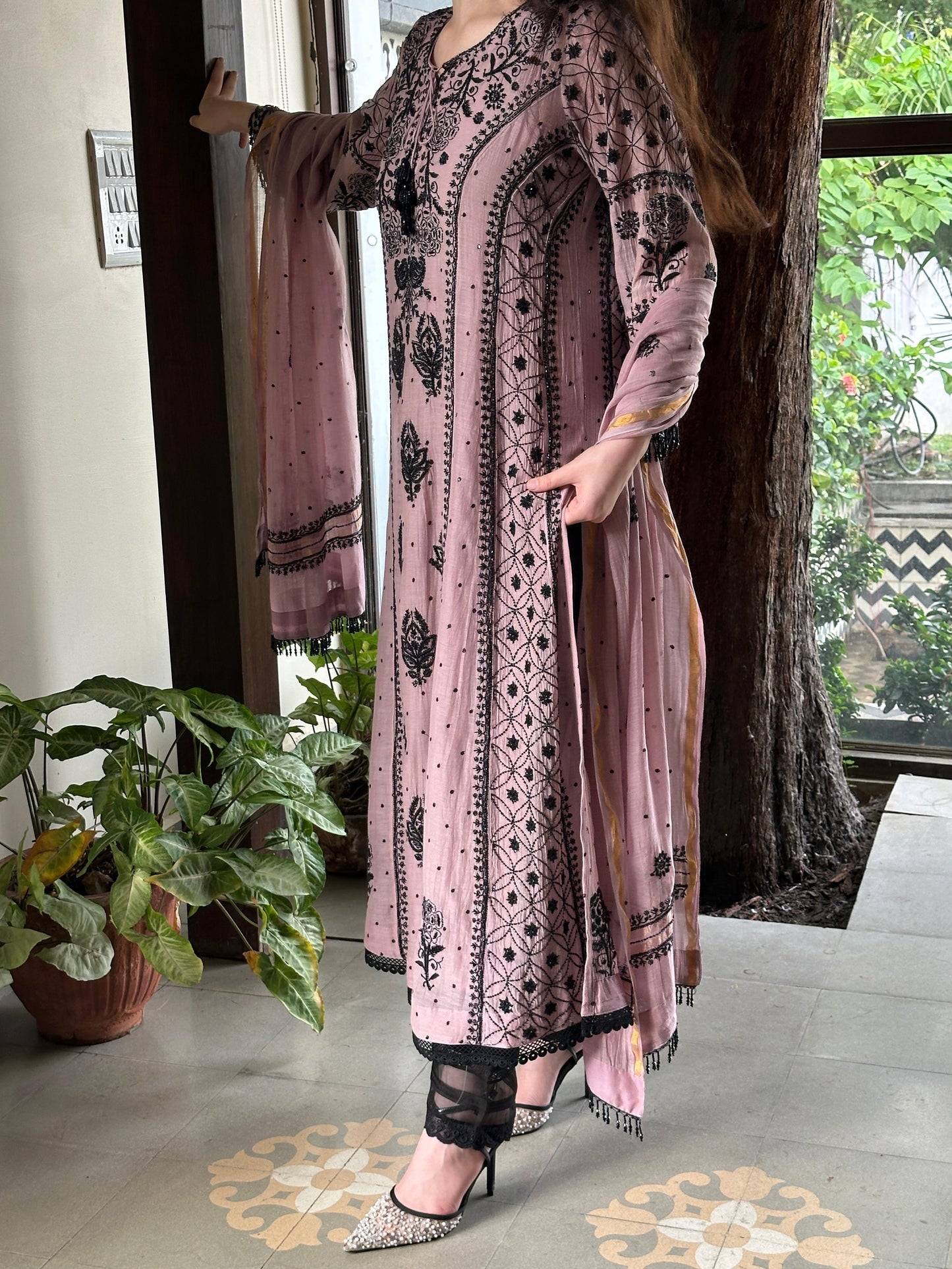 Plum Black Shade Malmal Pearl Work Chikankari Anarkali