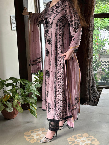 Plum Black Shade Malmal Pearl Work Chikankari Anarkali