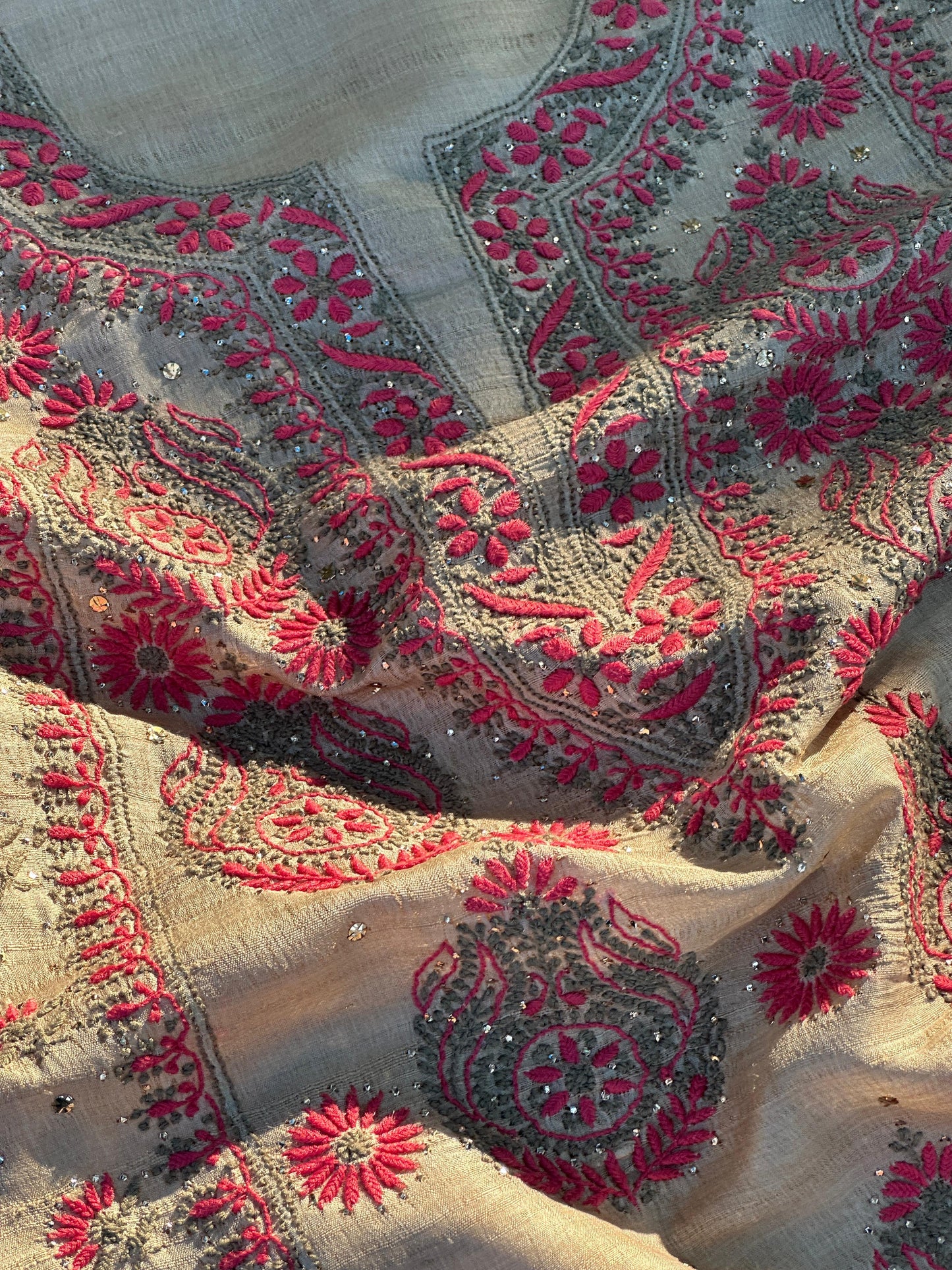 Natural Beige Shade Tussar Silk With Dual Thread Chikankari Fabric