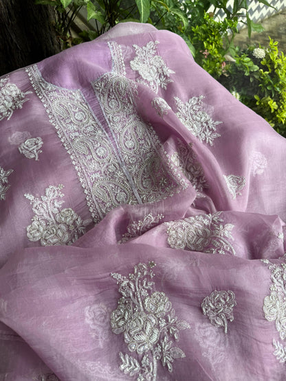 Lavender Pink Noor Organza Silk Chikankari Unstitched Kurta Dupatta Set