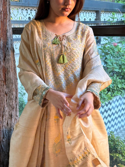 Basak Natural Tussar Silk Kalidar Chikankari Kurta Set