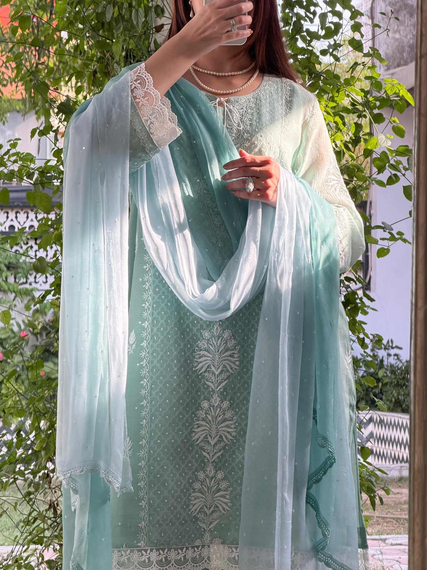 Sea green Jacquard Loose Cut Chikankari Co-Ord Set