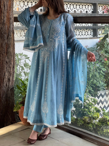 Powder Blue Shade Malmal Pearl Work Chikankari Anarkali