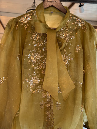 Neon Noor Organza Mukaish Badla Short Top With Bow Tie