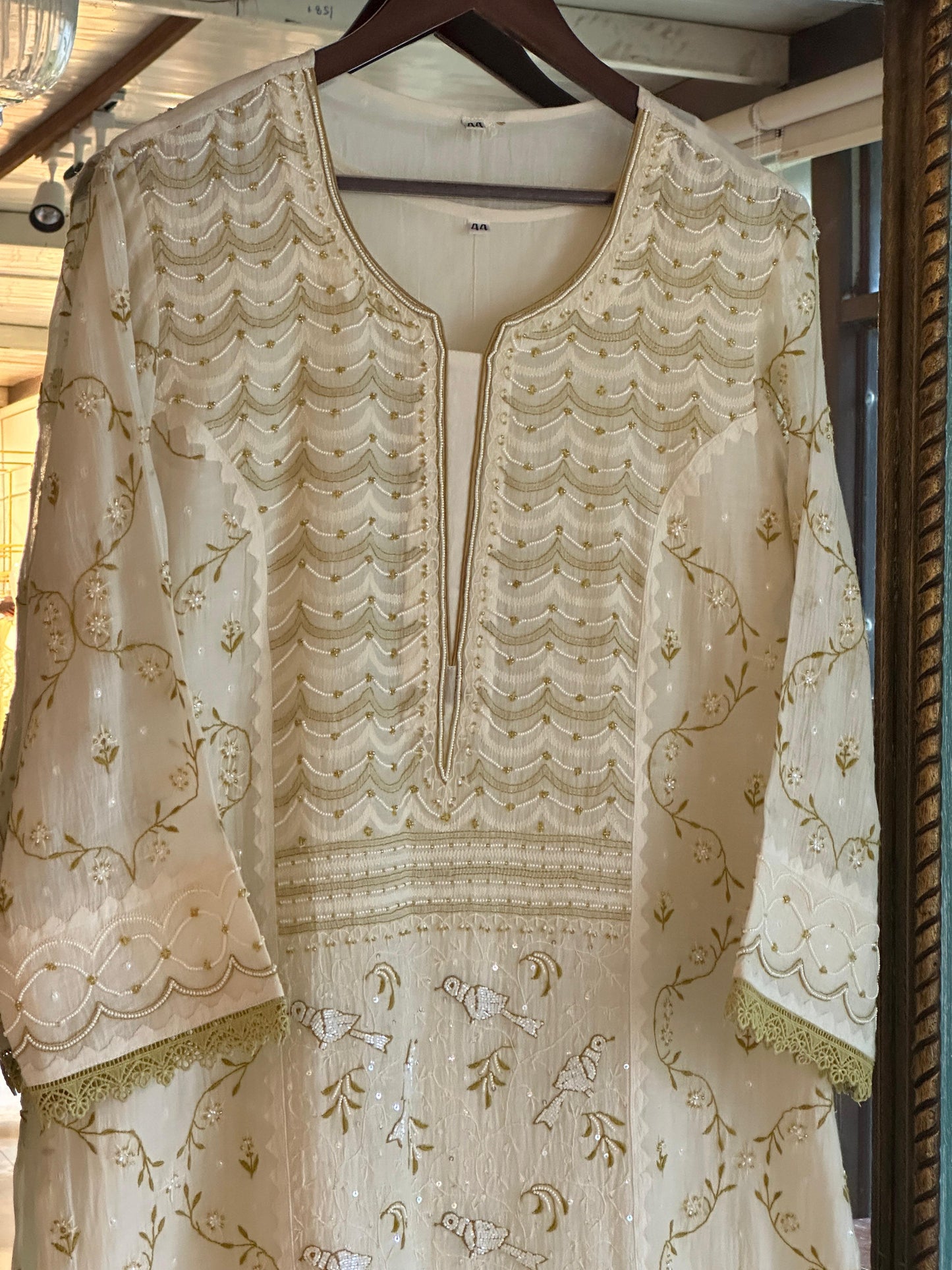 Ivory & Green Mul Chanderi Pearl Work Chikankari Kurta Set