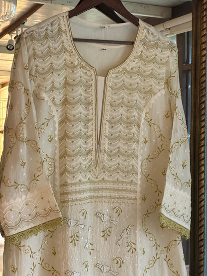 Ivory & Green Mul Chanderi Pearl Work Chikankari Kurta Set