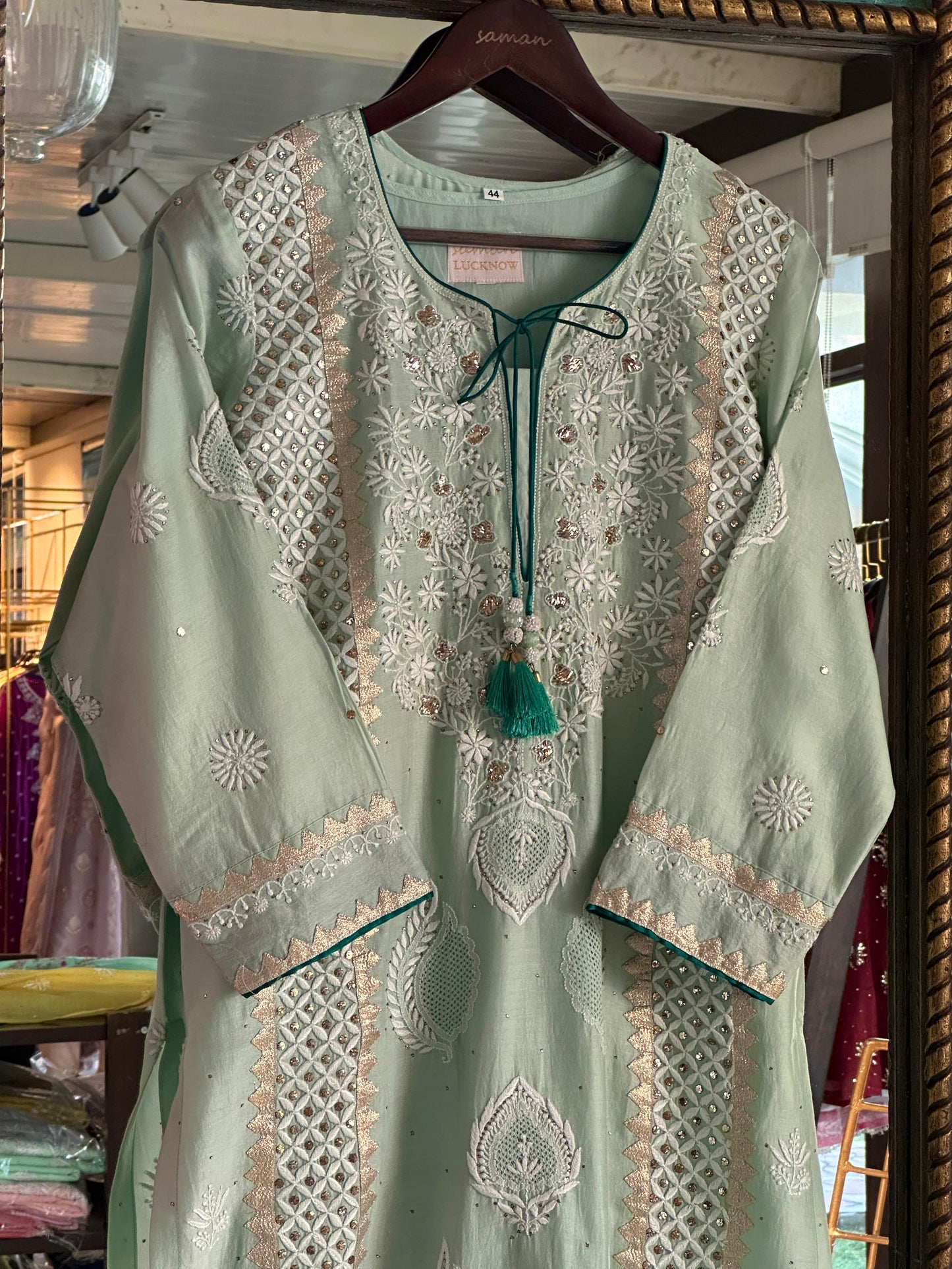 Sea Green & Teal Shade Chanderi Daraz Applique Chikankari Mukaish Kurta Dupatta Set