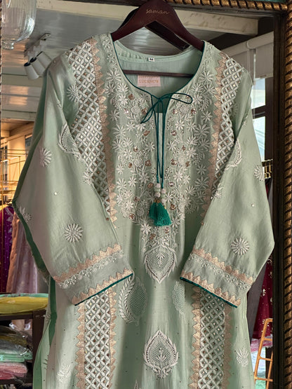Sea Green & Teal Shade Chanderi Daraz Applique Chikankari Mukaish Kurta Dupatta Set