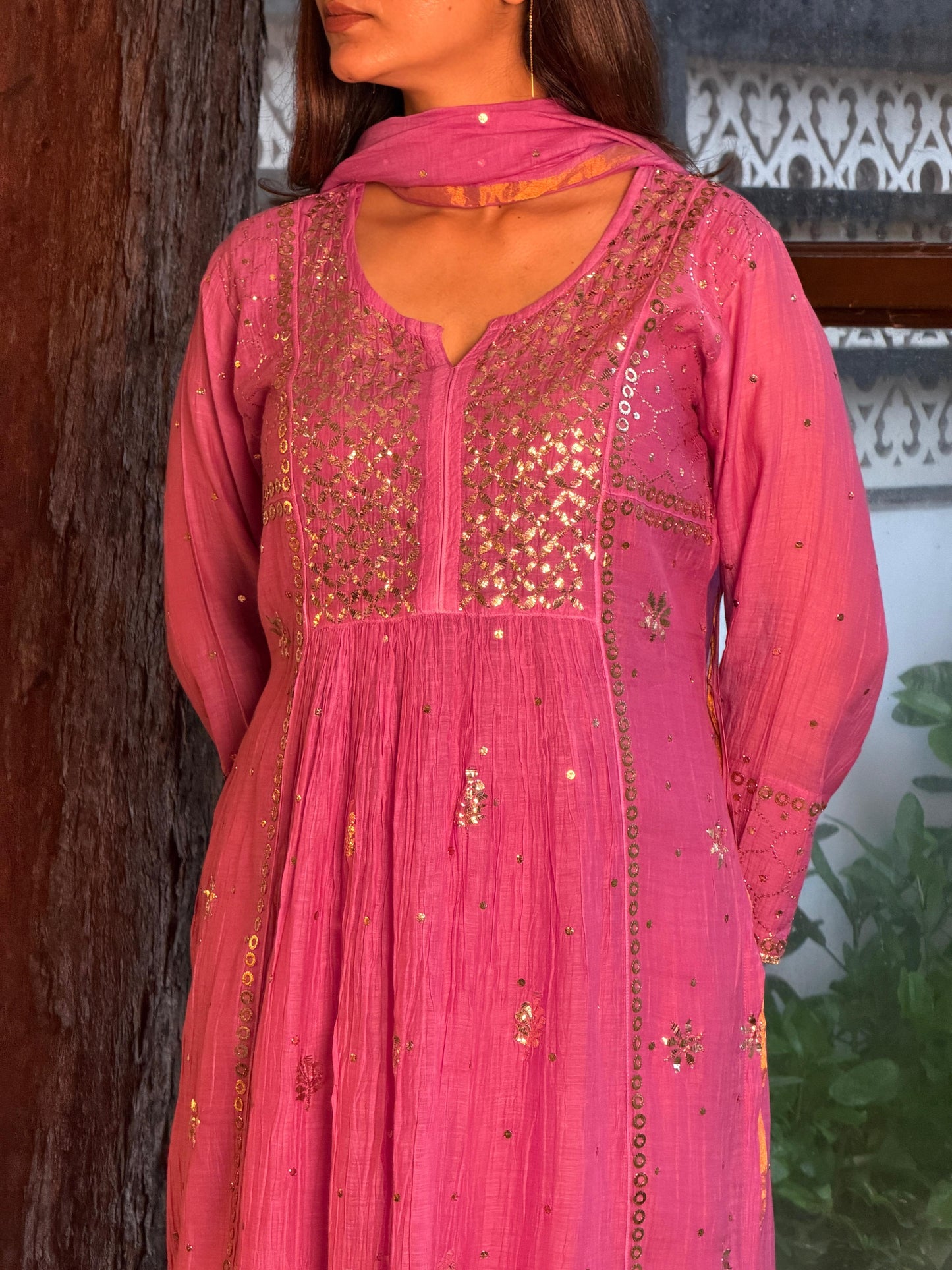 Deep Purple Mukaish Mul Chanderi Silk Ready To Wear Dress