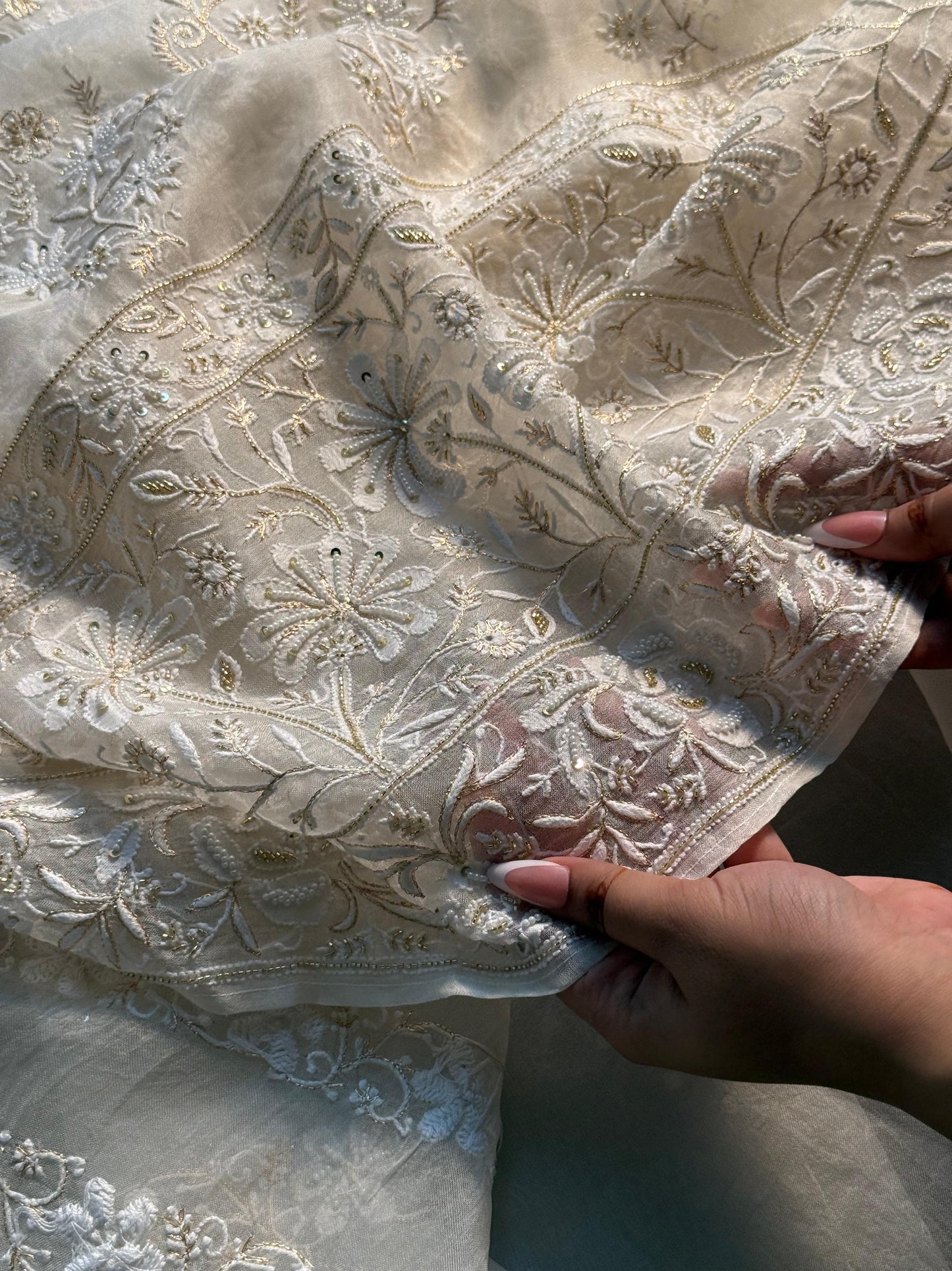 White Noor Organza Banarasi Silk Chikankari Unstitched Kurta Dupatta Set