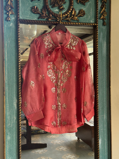 Carrot Pink Noor Organza Mukaish Badla Short Top With Bow Tie