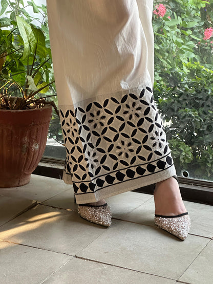 White & Black Floral Daraz Chikankari Palazzo