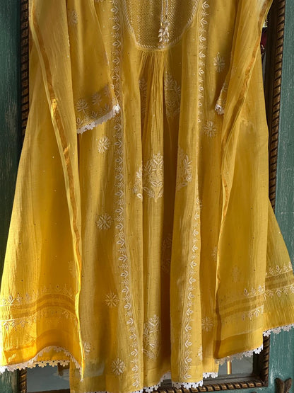 Yellow Mal Mukaish Kamdani Chikankari Kurta Dupatta Set