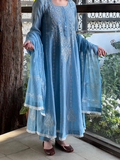 Powder Blue Shade Malmal Pearl Work Chikankari Anarkali