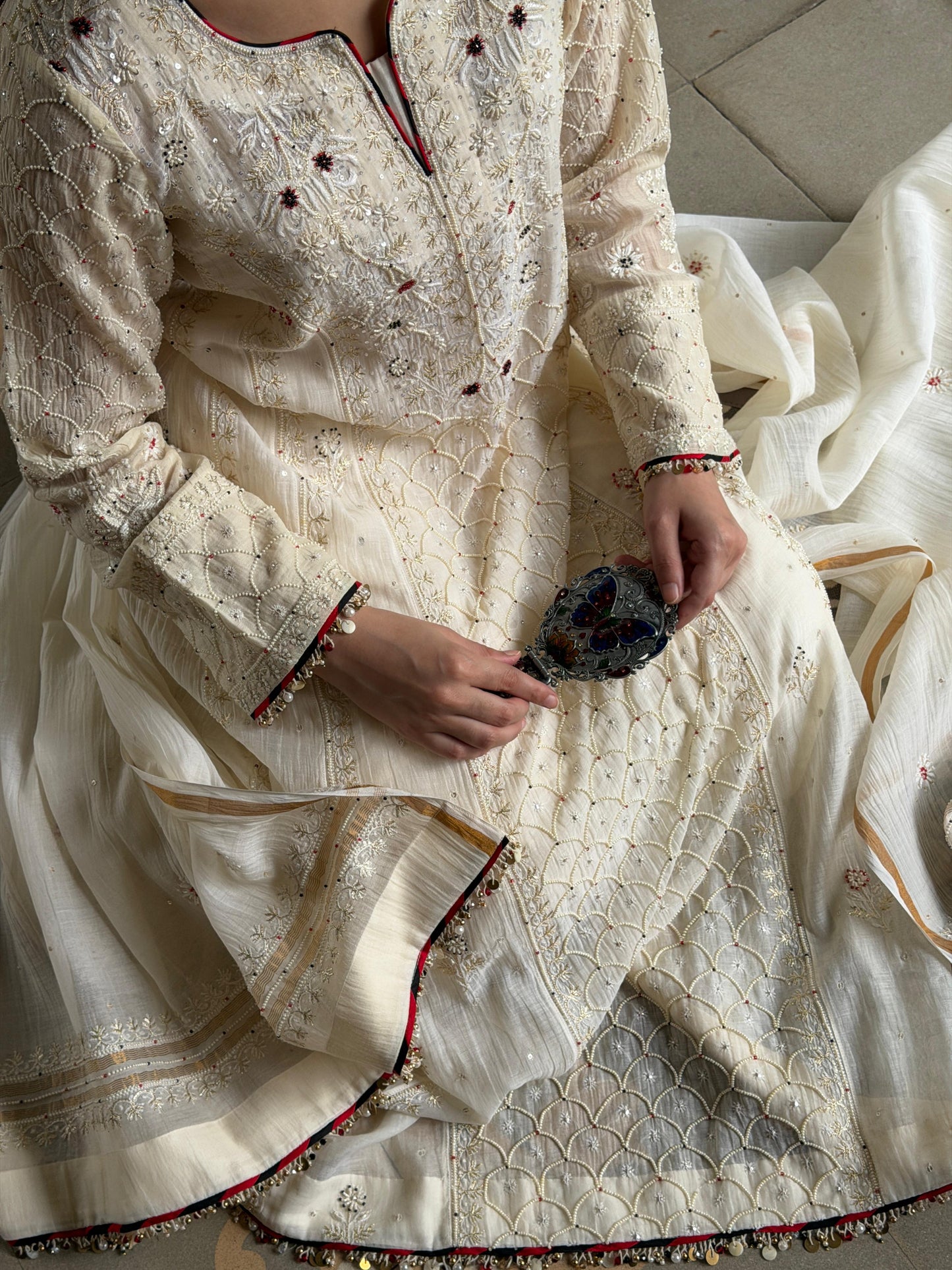 Off White Shade Malmal Pearl Work Chikankari A Line Kalidar Kurta With Dupatta