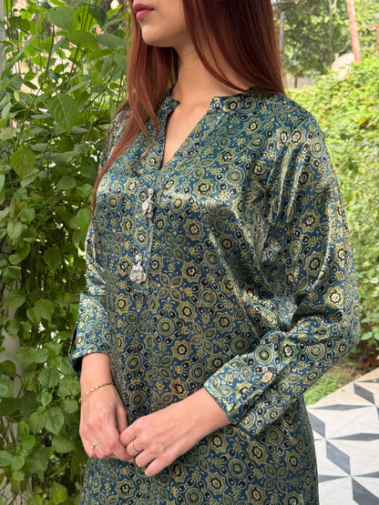 Ajrak Bluish Cyan Shade Mashru Silk, Short Kurta