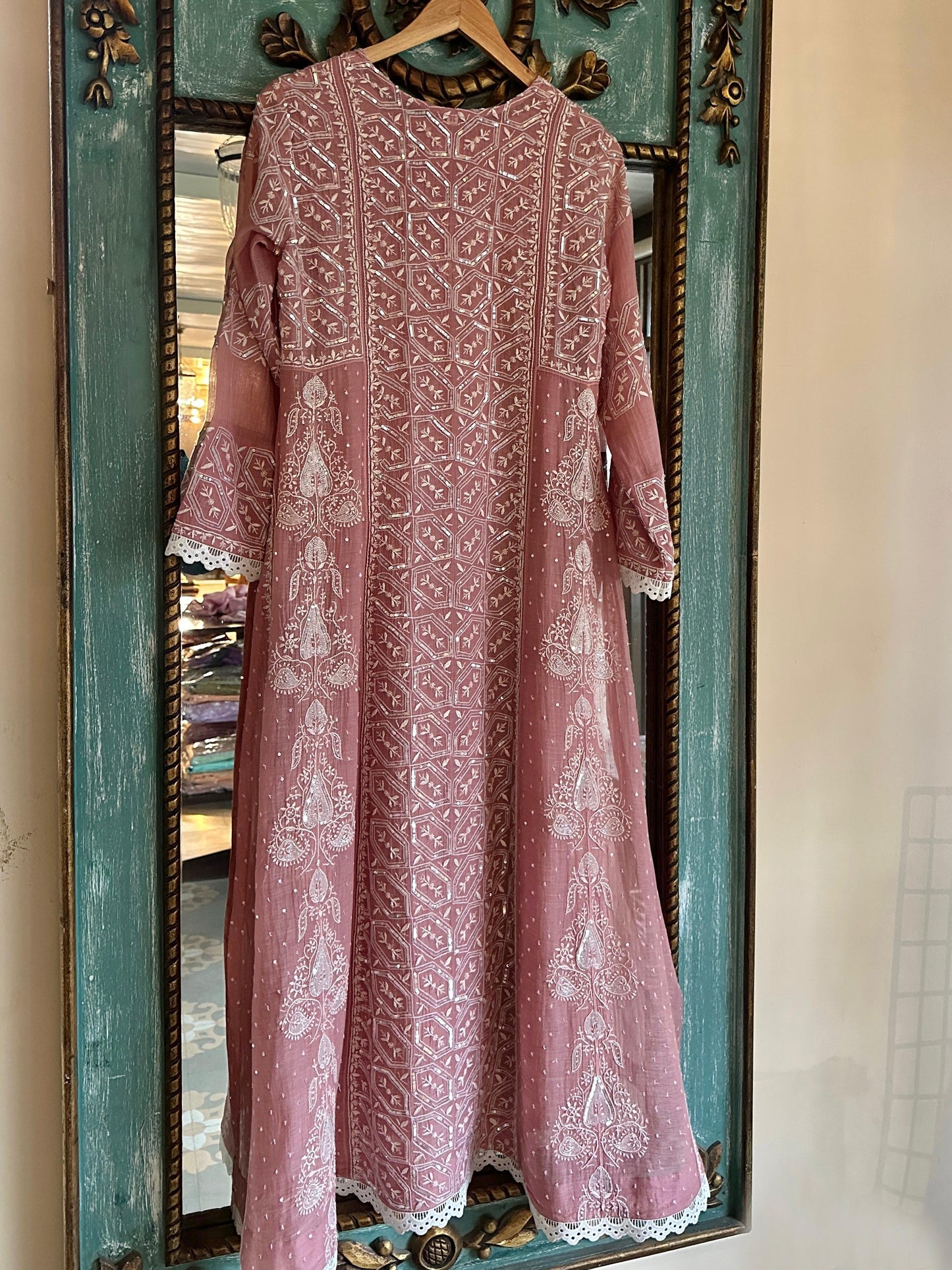 Soft Pink Mulmul Pearl White Chikankari Ready to Wear Kurta Set