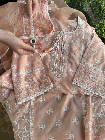 Peach Shade Malmal Pearl Work Chikankari Kurta Set