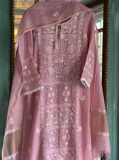 Pastel Pink Shade Malmal Pearl Work Chikankari Kurta With Dupatta