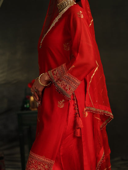 Red Katan Zari Chanderi Chikankari Kurta with Organza Dupatta & Sharara