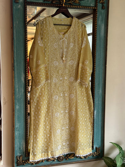 Yellow Shade Malmal Pearl White Chikankari Ready to Wear Kurta Set