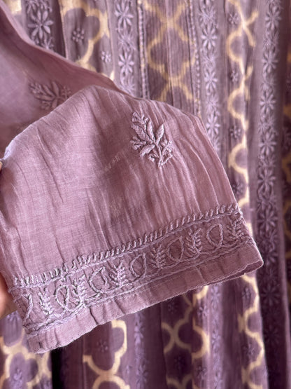 Purple Lavender Zari Chanderi Chikankari A Line Kurta with Slip
