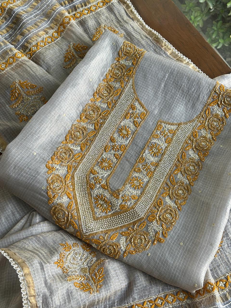 Grey & Mustard Shade Tissue Kota Chikankari Unstitched Fabric
