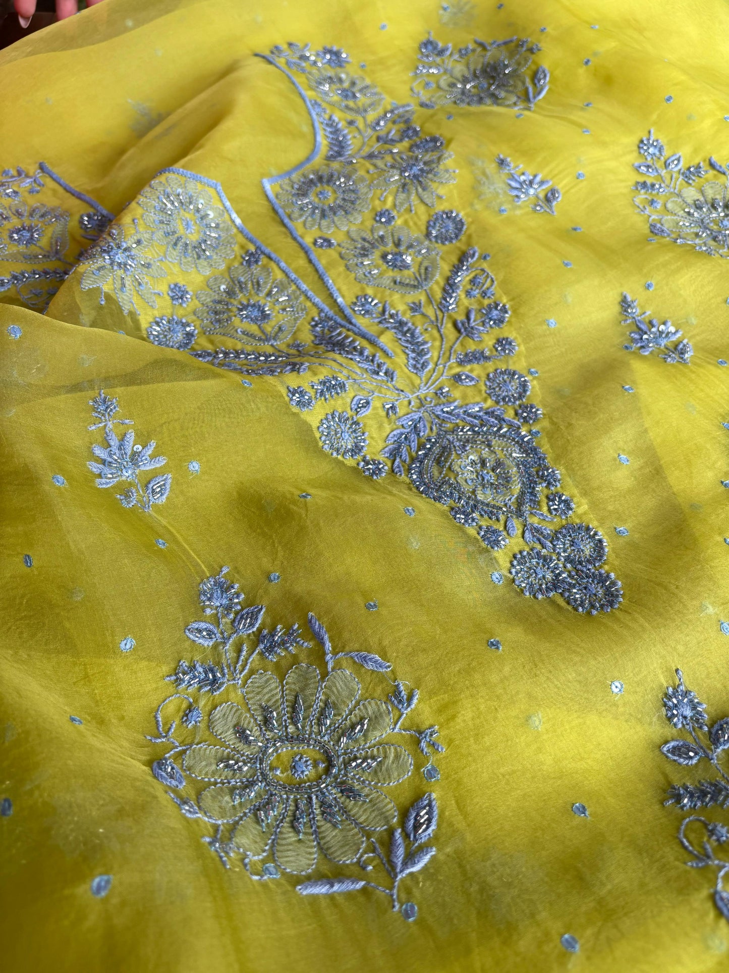 Lime Green & Grey Noor Organza Silk Chikankari Unstitched Fabric