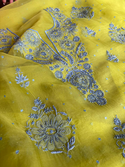 Lime Green & Grey Noor Organza Silk Chikankari Unstitched Fabric