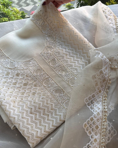 White Noor Benarasi Organza Silk Chikankari Unstitched Kurta Dupatta Set