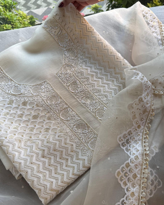 White Noor Benarasi Organza Silk Chikankari Unstitched Kurta Dupatta Set