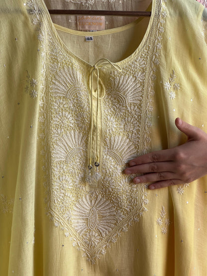 Soft Yellow Malmal Sequinned Chikankari Kaftan