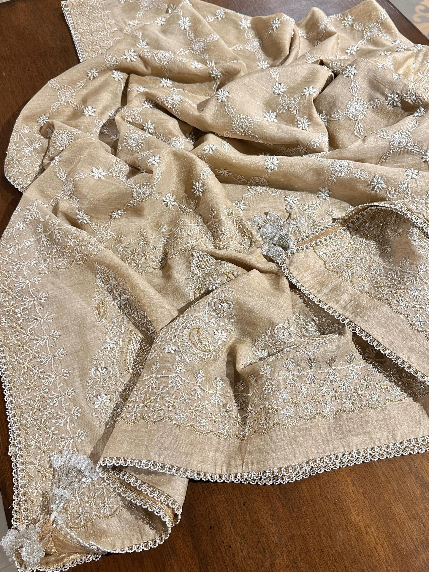 Natural Shade Fine Chikankari Ari Tissue Silk Dupatta