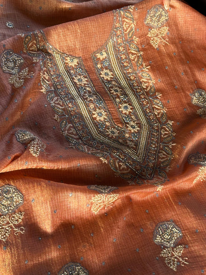 Burnt Peach Shade Tissue Silk Kota Chikankari Unstitched Fabric