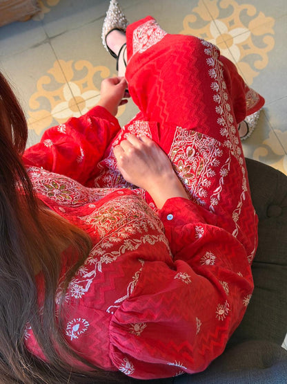 Crimson Red | Jacquard Sequins Chikankari Co-Ord Set